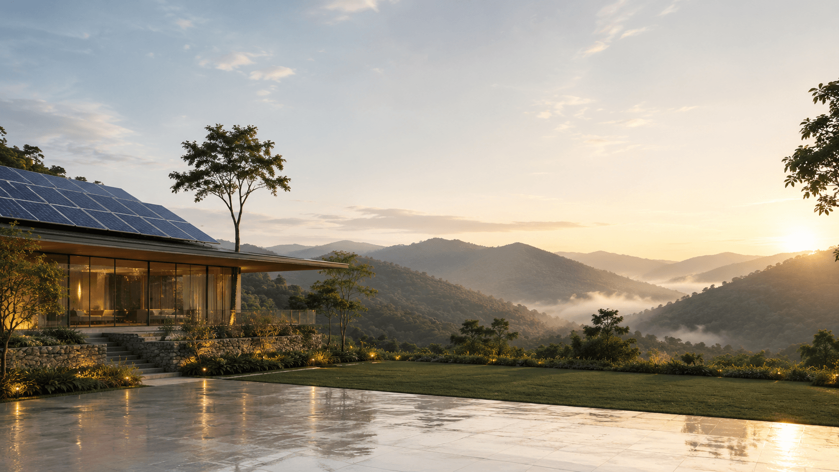 Modern architectural home exterior with solar panels